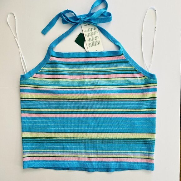 NWT Simons Twik Stripe Halter Crop Top Blue Pink‎ Yellow Green Sz L - Picture 1 of 7